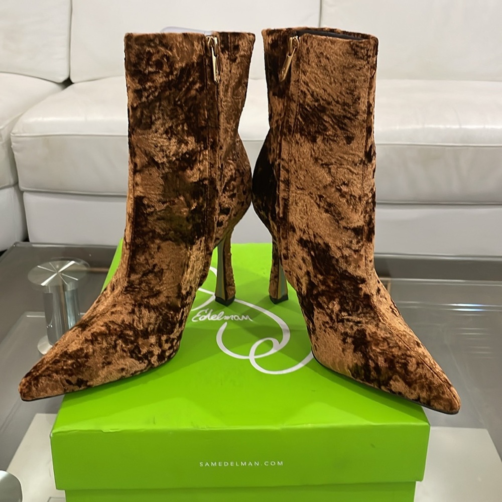 NIB Sam Edelman bronze leather crushed velvet Ankle Boots copper pointy toe